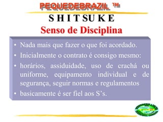 PEQUEDEBRAZIL ™
S H I T SU K E
Senso de Disciplina
• Nada mais que fazer o que foi acordado.
• Inicialmente o contrato é consigo mesmo:
• horários, assiduidade, uso de crachá ou
uniforme, equipamento individual e de
segurança, seguir normas e regulamentos
• basicamente é ser fiel aos S’s.
 