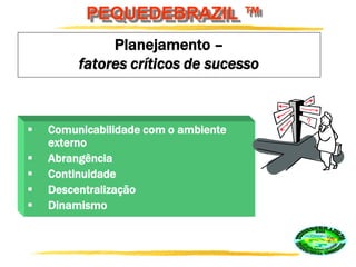 PEQUEDEBRAZIL ™
Planejamento –
fatores críticos de sucesso
 Comunicabilidade com o ambiente
externo
 Abrangência
 Continuidade
 Descentralização
 Dinamismo
 