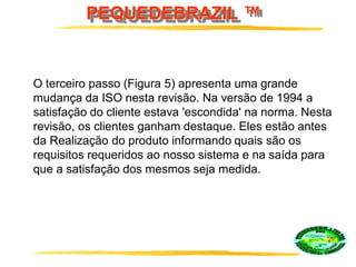 PEQUEDEBRAZIL ™
O terceiro passo (Figura 5) apresenta uma grande
mudança da ISO nesta revisão. Na versão de 1994 a
satisfação do cliente estava 'escondida' na norma. Nesta
revisão, os clientes ganham destaque. Eles estão antes
da Realização do produto informando quais são os
requisitos requeridos ao nosso sistema e na saída para
que a satisfação dos mesmos seja medida.
 
