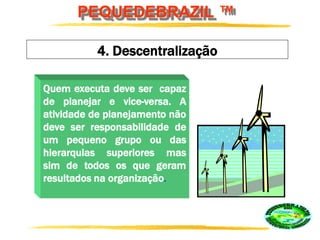 PEQUEDEBRAZIL ™
4. Descentralização
Quem executa deve ser capaz
de planejar e vice-versa. A
atividade de planejamento não
deve ser responsabilidade de
um pequeno grupo ou das
hierarquias superiores mas
sim de todos os que geram
resultados na organização.
 