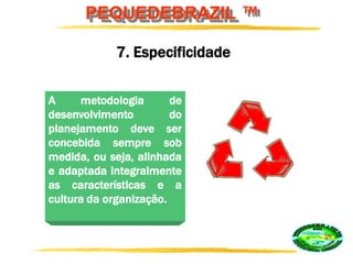 PEQUEDEBRAZIL ™
A metodologia de
desenvolvimento do
planejamento deve ser
concebida sempre sob
medida, ou seja, alinhada
e adaptada integralmente
as características e a
cultura da organização.
7. Especificidade
 