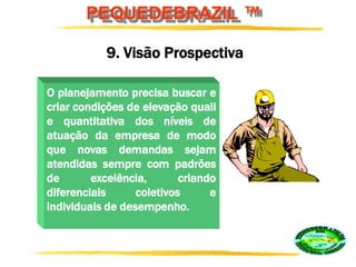 PEQUEDEBRAZIL ™
O planejamento precisa buscar e
criar condições de elevação quali
e quantitativa dos níveis de
atuação da empresa de modo
que novas demandas sejam
atendidas sempre com padrões
de excelência, criando
diferenciais coletivos e
individuais de desempenho.
9. Visão Prospectiva
 