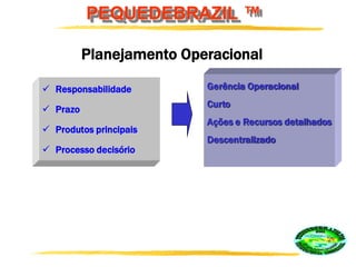 PEQUEDEBRAZIL ™
 Responsabilidade
 Prazo
 Produtos principais
 Processo decisório
Gerência Operacional
Curto
Ações e Recursos detalhados
Descentralizado
Planejamento Operacional
 