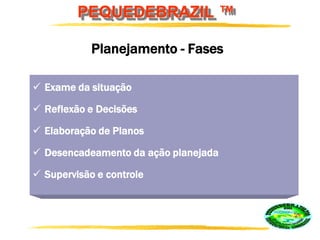 PEQUEDEBRAZIL ™
 Exame da situação
 Reflexão e Decisões
 Elaboração de Planos
 Desencadeamento da ação planejada
 Supervisão e controle
Planejamento - Fases
 