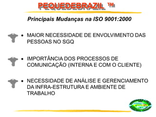 PEQUEDEBRAZIL ™
Principais Mudanças na ISO 9001:2000
MAIOR NECESSIDADE DE ENVOLVIMENTO DAS
PESSOAS NO SGQ
IMPORTÂNCIA DOS PROCESSOS DE
COMUNICAÇÃO (INTERNA E COM O CLIENTE)
NECESSIDADE DE ANÁLISE E GERENCIAMENTO
DA INFRA-ESTRUTURA E AMBIENTE DE
TRABALHO
 