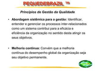 PEQUEDEBRAZIL ™
• Abordagem sistêmica para a gestão: Identificar,
entender e gerenciar os processos inter-relacionados
como um sistema contribui para a eficácia e
eficiência da organização no sentido desta atingir os
seus objetivos.
• Melhoria contínua: Convém que a melhoria
contínua do desempenho global da organização seja
seu objetivo permanente.
Princípios de Gestão da Qualidade
 
