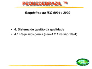 PEQUEDEBRAZIL ™
• 4. Sistema de gestão da qualidade
• 4.1 Requisitos gerais (item 4.2.1 versão 1994)
Requisitos da ISO 9001 : 2000
 