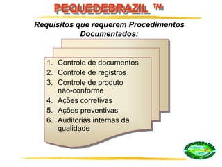PEQUEDEBRAZIL ™
Requisitos que requerem Procedimentos
Documentados:
1. Controle de documentos
2. Controle de registros
3. Controle de produto
não-conforme
4. Ações corretivas
5. Ações preventivas
6. Auditorias internas da
qualidade
 