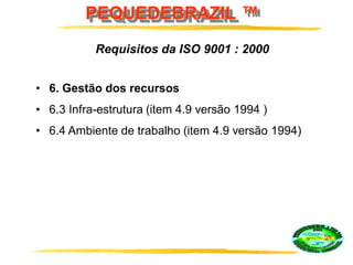 PEQUEDEBRAZIL ™
• 6. Gestão dos recursos
• 6.3 Infra-estrutura (item 4.9 versão 1994 )
• 6.4 Ambiente de trabalho (item 4.9 versão 1994)
Requisitos da ISO 9001 : 2000
 