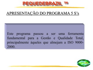 PEQUEDEBRAZIL ™
Este programa passou a ser uma ferramenta
fundamental para a Gestão e Qualidade Total,
principalmente àqueles que almejam a ISO 9000-
2000.
APRESENTAÇÃO DO PROGRAMA 5 S’s
 