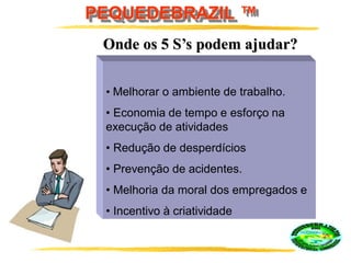 PEQUEDEBRAZIL ™
• Melhorar o ambiente de trabalho.
• Economia de tempo e esforço na
execução de atividades
• Redução de desperdícios
• Prevenção de acidentes.
• Melhoria da moral dos empregados e
• Incentivo à criatividade
Onde os 5 S’s podem ajudar?
 