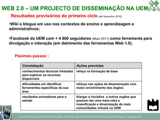 WEB 2.0 – UM PROJECTO DE DISSEMINAÇÃO NA UEM Wiki e blogue em uso nos contextos de ensino e aprendizagem e administrativos; Facebook da UEM com + 4 600 seguidores  (Maio 2011)  como ferramenta para divulgação e interação (em detrimento das ferramentas Web 1.0). Resultados provísórios do primeiro ciclo   (até Novembro 2010) Póximos passos : Alargar a iniciativa  a outros orgãos que possam dar uma mais-valia a massificação e dinamização de mais comunidades virtuais na UEM resultados animadores para o estudo reforço nas ações de disseminação com maior envolvimento dos órgãos dificuldades em identificar ferramentas específicas da sua área refoço na formação de base conhecimentos técnicos limitados para explorar os recursos disponíveis Ações previstas Constatação 