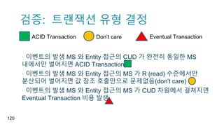 검증: 트랜잭션 유형 결정
120
ACID Transaction Don’t care Eventual Transaction
▪ 이벤트의 발생 MS 와 Entity 접근의 CUD 가 완전히 동일한 MS
내에서만 벌어지면 ACID Transaction
▪ 이벤트의 발생 MS 와 Entity 접근의 MS 가 R (read) 수준에서만
분산되어 벌어지면 값 참조 호출만으로 문제없음(don’t care)
▪ 이벤트의 발생 MS 와 Entity 접근의 MS 가 CUD 차원에서 걸쳐지면
Eventual Transaction 비용 발생
 