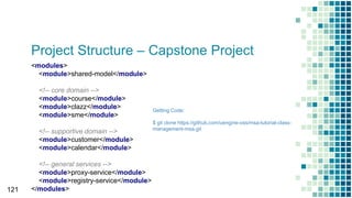 Project Structure – Capstone Project
121
<modules>
<module>shared-model</module>
<!-- core domain -->
<module>course</module>
<module>clazz</module>
<module>sme</module>
<!-- supportive domain -->
<module>customer</module>
<module>calendar</module>
<!-- general services -->
<module>proxy-service</module>
<module>registry-service</module>
</modules>
Getting Code:
$ git clone https://github.com/uengine-oss/msa-tutorial-class-
management-msa.git
 
