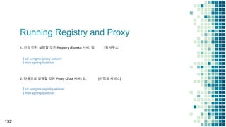 Running Registry and Proxy
132
1. 가장 먼저 실행할 것은 Registry (Eureka 서버) 임. [동사무소]
2. 다음으로 실행할 것은 Proxy (Zuul 서버) 임. [이정표 서비스]
$ cd uengine-proxy-server/
$ mvn spring-boot:run
$ cd uengine-registry-server/
$ mvn spring-boot:run
 