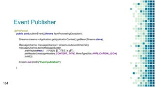 Event Publisher
164
@PrePersist
public void publishEvent() throws JsonProcessingException {
Streams streams = Application.getApplicationContext().getBean(Streams.class);
MessageChannel messageChannel = streams.outboundChannel();
messageChannel.send(MessageBuilder
.withPayload(this) // POJO 를 그대로 보낸다.
.setHeader(MessageHeaders.CONTENT_TYPE, MimeTypeUtils.APPLICATION_JSON)
.build());
System.out.println("Event published");
}
 