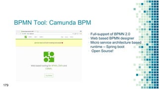 BPMN Tool: Camunda BPM
▪ Full-support of BPMN 2.0
▪ Web based BPMN designer
▪ Micro service architecture based
runtime – Spring boot
▪ Open Source!
179
 