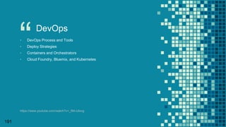 “
191
DevOps
▪ DevOps Process and Tools
▪ Deploy Strategies
▪ Containers and Orchestrators
▪ Cloud Foundry, Bluemix, and Kubernetes
https://www.youtube.com/watch?v=_I94-tJlovg
 