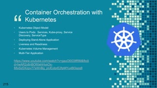 “
215
Container Orchestration with
Kubernetes
▪ Kubernetes Object Model
▪ Users to Pods: Services, Kube-proxy, Service
Discovery, ServiceType
▪ Deploying Stand-Alone Application
▪ Liveness and Readiness
▪ Kubernetes Volume Management
▪ Multi-Tier Application
https://www.youtube.com/watch?v=gauOI0O9fRM&fbcli
d=IwAR2y8nBOfi0ehHysOx-
MtxSzDXzpv77sWnBg_pUEyIprE2fpMYuxBl3spq8
 