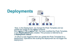 Deployments
▪Now, in the Deployment, we change the Pods Template and we
update the image for the nginx container
from nginx:1.7.9 to nginx:1.9.1. As have modified the Pods Template,
a new ReplicaSet B gets created. This process is referred to as
a Deployment rollout.
▪A rollout is only triggered when we update the Pods Template for a
deployment. Operations like scaling the deployment do not trigger the
deployment.
 