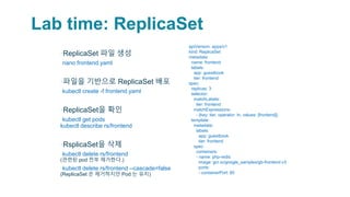 Lab time: ReplicaSet
▪ReplicaSet 파일 생성
▫nano frontend.yaml
▪파일을 기반으로 ReplicaSet 배포
▫kubectl create -f frontend.yaml
▪ReplicaSet을 확인
▫kubectl get pods
kubectl describe rs/frontend
▪RsplicaSet을 삭제
▫kubectl delete rs/frontend
(관련된 pod 전부 제거한다.)
▫kubectl delete rs/frontend --cascade=false
(ReplicaSet 은 제거하지만 Pod 는 유지)
apiVersion: apps/v1
kind: ReplicaSet
metadata:
name: frontend
labels:
app: guestbook
tier: frontend
spec:
replicas: 3
selector:
matchLabels:
tier: frontend
matchExpressions:
- {key: tier, operator: In, values: [frontend]}
template:
metadata:
labels:
app: guestbook
tier: frontend
spec:
containers:
- name: php-redis
image: gcr.io/google_samples/gb-frontend:v3
ports:
- containerPort: 80
 