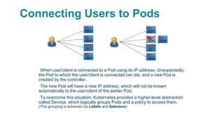 Connecting Users to Pods
▪When user/client is connected to a Pod using its IP address. Unexpectedly,
the Pod to which the user/client is connected can die, and a new Pod is
created by the controller.
▪The new Pod will have a new IP address, which will not be known
automatically to the user/client of the earlier Pod.
▪To overcome this situation, Kubernetes provides a higher-level abstraction
called Service, which logically groups Pods and a policy to access them.
(This grouping is achieved via Labels and Selectors)
 