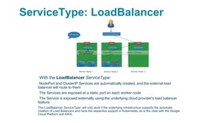 ServiceType: LoadBalancer
▪With the LoadBalancer ServiceType:
▫NodePort and ClusterIP Services are automatically created, and the external load
balancer will route to them
▫The Services are exposed at a static port on each worker node
▫The Service is exposed externally using the underlying cloud provider's load balancer
feature.
The LoadBalancer ServiceType will only work if the underlying infrastructure supports the automatic
creation of Load Balancers and have the respective support in Kubernetes, as is the case with the Google
Cloud Platform and AWS.
 