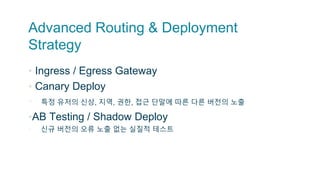 Advanced Routing & Deployment
Strategy
▪ Ingress / Egress Gateway
▪ Canary Deploy
▫ 특정 유저의 신상, 지역, 권한, 접근 단말에 따른 다른 버전의 노출
▪AB Testing / Shadow Deploy
▫ 신규 버전의 오류 노출 없는 실질적 테스트
 