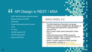“
45
API Design in REST / MSA
▪ REST MM (Richardson Maturity Model)
▫ Resource Model, Not RPC
▪ HATEOAS
▪ Powerful Decoupling with front-end
▪ Tools:
▫ For Java,
▫ JAX-RS Apache CXF
▪ JAX-RS Spring MVC
▪ Spring HATEOAS!
 