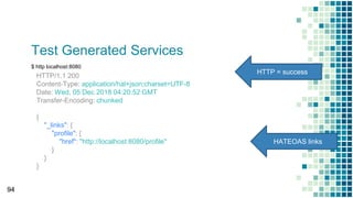 Test Generated Services
94
$ http localhost:8080
HATEOAS links
HTTP/1.1 200
Content-Type: application/hal+json;charset=UTF-8
Date: Wed, 05 Dec 2018 04:20:52 GMT
Transfer-Encoding: chunked
{
"_links": {
"profile": {
"href": "http://localhost:8080/profile"
}
}
}
HTTP = success
 