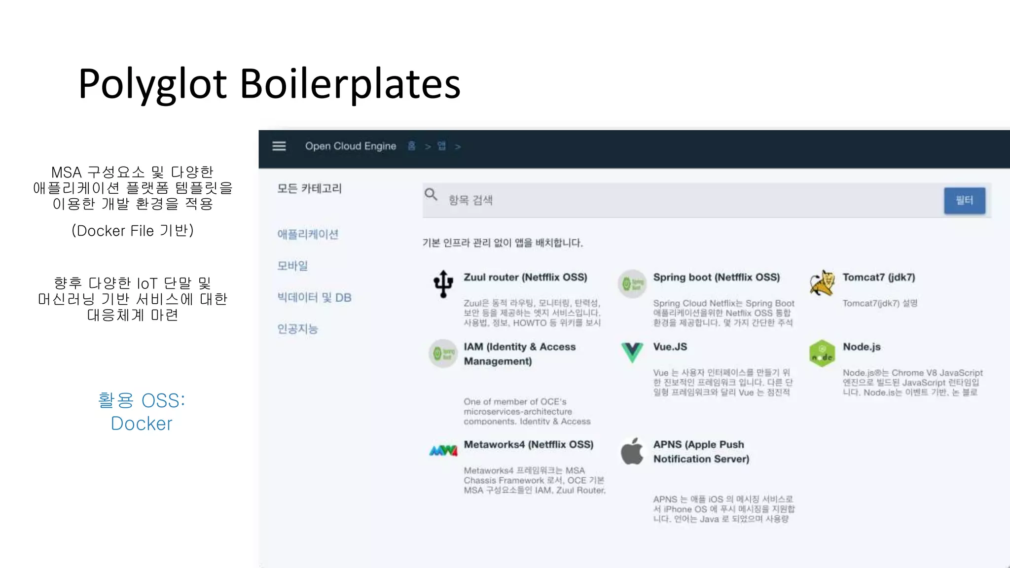 Polyglot Boilerplates
MSA 구성요소 및 다양한
애플리케이션 플랫폼 템플릿을
이용한 개발 환경을 적용
(Docker File 기반)
향후 다양한 IoT 단말 및
머신러닝 기반 서비스에 대한
대응체계 마련
활용 OSS:
Docker
 