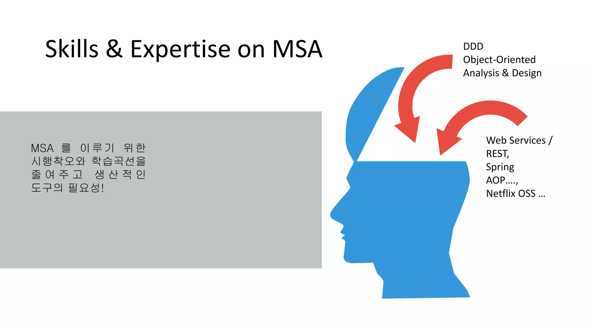 MSA 를 이루기 위한
시행착오와 학습곡선을
줄 여 주 고 생 산 적 인
도구의 필요성!
Skills & Expertise on MSA DDD
Object-Oriented
Analysis & Design
Web Services /
REST,
Spring
AOP….,
Netflix OSS …
 