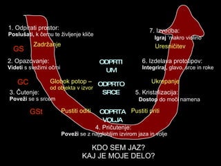 Zadržanje Globok potop –  od objekta v izvor Pustiti oditi Pustiti priti Ukrepanje Uresničitev 1.  Odpirati prostor :  Poslušati,  k čemu te življenje kliče 2.  Opazovanje :  Videti  s svežimi očmi 4.  Pričutenje :  Poveži  se z najglobljim izvirom jaza in volje 6.  Izdelava prototipov :  Integriraj,  glavo, srce in roke 7.  Izvedba :  Igraj  ‘makro violino’ 5.  Kristalizacija :  Dostop  do moči namena 3.  Čutenje :  Poveži  se s srcem ODPRTI UM ODPRTO SRCE ODPRTA VOLJA GC GS GSt KDO SEM JAZ? KAJ JE MOJE DELO? 
