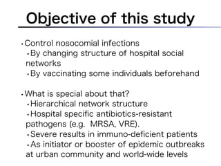 Objective of this study
•Control nosocomial infections
 •By changing structure of hospital social
 networks
 •By vaccinati...