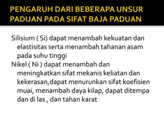 Silisium ( Si) dapat menambah kekuatan dan
elastisitas serta menambah tahanan asam
pada suhu tinggi
Nikel ( Ni ) dapat menambah dan
meningkatkan sifat mekanis keliatan dan
kekerasan,dapat menurunkan sifat koefisien
muai, menambah daya kilap, dapat ditempa
dan di las , dan tahan karat
 