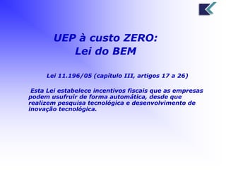 UEP à custo ZERO: 
Lei do BEM 
Lei 11.196/05 (capítulo III, artigos 17 a 26) 
Esta Lei estabelece incentivos fiscais que as empresas 
podem usufruir de forma automática, desde que 
realizem pesquisa tecnológica e desenvolvimento de 
inovação tecnológica. 
 
