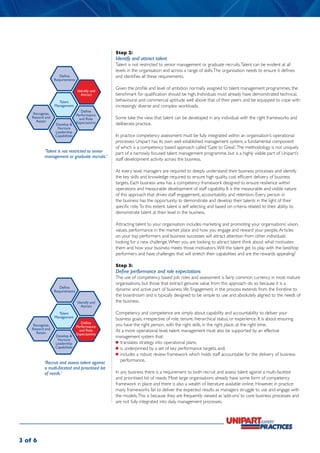 Step 2:
                                                 Identify and attract talent
                                                 Talent is not restricted to senior management or graduate recruits. Talent can be evident at all
                                                 levels in the organisation and across a range of skills. The organisation needs to ensure it defines
                    Define                       and identifies all these requirements.
                 Requirements

                                                 Given the profile and level of ambition normally assigned to talent management programmes, the
                                Identify and
                                  Attract        benchmark for qualification should be high. Individuals must already have demonstrated technical,
                   Talent                        behavioural and commercial aptitude well above that of their peers and be equipped to cope with
                 Management                      increasingly diverse and complex workloads.
                                   Define
    Recognise,                  Performance
    Reward and                    and Role       Some take the view that talent can be developed in any individual with the right frameworks and
      Retain                    Expectations
                 Develop &                       deliberate practice.
                  Nurture
                 Leadership
                 Capabilities                    In practice competency assessment must be fully integrated within an organisation’s operational
                                                 processes. Unipart has its own well established management system, a fundamental component
                                                 of which is a competency based approach called ‘Gate to Great’. The methodology is not uniquely
          ‘Talent is not restricted to senior    part of a narrowly focused talent management programme, but is a highly visible part of Unipart’s
          management or graduate recruits.’
                                                 staff development activity across the business.

                                                 At every level, managers are required to deeply understand their business processes and identify
                                                 the key skills and knowledge required to ensure high quality, cost efficient delivery of business
                                                 targets. Each business area has a competency framework designed to ensure resilience within
                                                 operations and measurable development of staff capability. It is the measurable and visible nature
                                                 of this approach that drives staff engagement, accountability and retention. Every person in
                                                 the business has the opportunity to demonstrate and develop their talents in the light of their
                                                 specific role. To this extent, talent is self selecting and based on criteria related to their ability to
                                                 demonstrate talent at their level in the business.

                                                 Attracting talent to your organisation includes marketing and promoting your organisations’ vision,
                                                 values, performance in the market place and how you engage and reward your people. Articles
                                                 on your top performers and business successes will attract attention from other individuals
                                                 looking for a new challenge. When you are looking to attract talent think about what motivates
                                                 them and how your business meets those motivators. Will the talent get to play with the best/top
                                                 performers and have challenges that will stretch their capabilities and are the rewards appealing?

                                                 Step 3:
                                                 Define performance and role expectations
                                                 The use of competency based job roles and assessment is fairly common currency in most mature
                                                 organisations, but those that extract genuine value from this approach do so because it is a
                    Define
                 Requirements                    dynamic and active part of business life. Engagement in the process extends from the frontline to
                                                 the boardroom and is typically designed to be simple to use and absolutely aligned to the needs of
                                Identify and     the business.
                                  Attract
                   Talent                        Competency and competence are simply about capability and accountability to deliver your
                 Management
                                                 business goals, irrespective of role, tenure, hierarchical status, or experience. It is about ensuring
                                   Define
    Recognise,                  Performance      you have the right person, with the right skills, in the right place, at the right time.
    Reward and
      Retain
                                  and Role       At a more operational level, talent management must also be supported by an effective
                                Expectations
                 Develop &                       management system that:
                  Nurture
                 Leadership                      	 translates strategy into operational plans;
                 Capabilities                    	 is underpinned by a set of key performance targets, and;
                                                 	 includes a robust review framework which holds staff accountable for the delivery of business
                                                    performance.
          ‘Recruit and assess talent against
          a multi-faceted and prioritised list
          of needs.’                             In any business there is a requirement to both recruit and assess talent against a multi-faceted
                                                 and prioritised list of needs. Most large organisations already have some form of competency
                                                 framework in place and there is also a wealth of literature available online. However, in practice
                                                 many frameworks fail to deliver the expected results as managers struggle to use and engage with
                                                 the models. This is because they are frequently viewed as ‘add-ons’ to core business processes and
                                                 are not fully integrated into daily management processes.




3 of 6
 