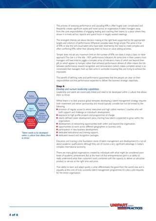 The process of assessing performance and cascading KPIs is often hugely over complicated and
                                               frequently creates significant waste and ‘noise’ across an organisation. It takes managers away
                                               from the core responsibilities of engaging, leading and coaching their teams, to a place where they
                                               drown in e-mails, ad-hoc reports and spend hours in largely wasted meetings.

                                               The emergent themes are about decision making at the right level, supported by the appropriate
                                               targets and indictors of performance. Wherever possible, keep things simple. The same is true
                                               of KPIs or else this will ‘cloud’ talent who have been diverted by the need to meet complex and
                                               often conflicting KPIs, rather than allowing them to focus on value adding activities.

                                               ‘Simple’ does not set any maximum limit on the number of KPIs, nor does it imply a basic or naïve
                                               approach. The clue is in the title – KEY performance indicators. At some time in their careers most
                                               managers will have tried to juggle a complex array of indicators, many of which are beyond their
                                               gift, or which appear to hamper rather than enhance performance delivery. It often means the link
                                               between performance, reward, recognition and remuneration (which makes complete sense) is so
                                               convoluted, that managers hold up their arms in surrender, knowing they are trying to achieve the
                                               impossible.

                                               The benefit of defining roles and performance guarantees that the people are clear on their
                                               responsibilities and the performance expected to deliver the business’ strategic objectives.

                                               Step 4:
                                               Develop and nurture leadership capabilities
                                               Leadership and talent are inextricably linked and need to be developed within a culture that allows
                    Define
                                               them to thrive.
                 Requirements
                                               Whilst there is no best practice global template, developing a talent management strategy requires
                                Identify and   both investment and senior sponsorship and should typically consider, but not be limited to, the
                                  Attract
                                               following:
                   Talent                      	 provision of regular access to senior executives and high calibre mentors / coaches who will
                 Management
                                   Define
                                                  both support and challenge an individual’s development;
    Recognise,                  Performance    	 exposure to high profile projects and programmes of change;
    Reward and                    and Role
      Retain                    Expectations   	 clearly defined career development plans, charting how talent is expected to grow within the
                 Develop &
                  Nurture                         organisation;
                 Leadership                    	 development of networking opportunities both within and beyond the organisation;
                 Capabilities
                                               	 opportunities to work across different geographies or business units;
                                               	 participation in new business development;
          ‘Talent needs to be developed        	 dedicated educational and training support;
          within a culture that allows them    	 dedicated reward and recognition packages.
          to thrive.’
                                               Education and training is the foundation stone of talent management and development. It is not all
                                               about academic qualifications although they are of course a very significant advantage in today’s
                                               complex international economy.

                                               There are many global organisations created by individuals with what might be considered poor
                                               levels of academic achievement. But at the heart of that entrepreneurial spirit is an ability to
                                               really understand what their customers want, combined with the capacity to deliver an attractive
                                               product or service at the right time and price.

                                               That ability to learn and adapt quickly is what differentiates the good from the world class and is
                                               arguably at the core of truly successful talent management programmes. It is also a pre-requisite
                                               for the entire organisation.




4 of 6
 