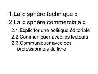 1.La « sphère technique »
2.La « sphère commerciale »
2.1.Expliciter une politique éditoriale
2.2.Communiquer avec les lecteurs
2.3.Communiquer avec des
   professionnels du livre
 