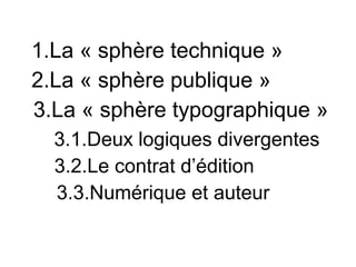 1.La « sphère technique »
2.La « sphère publique »
3.La « sphère typographique »
  3.1.Deux logiques divergentes
  3.2.Le contrat d’édition
  3.3.Numérique et auteur
 