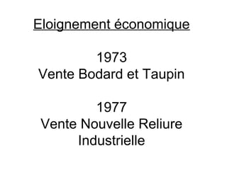 Eloignement économique

        1973
Vente Bodard et Taupin

         1977
 Vente Nouvelle Reliure
      Industrielle
 