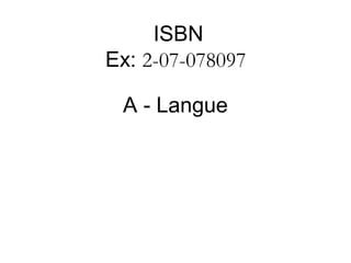 ISBN
Ex: 2-07-078097 

 A - Langue
 