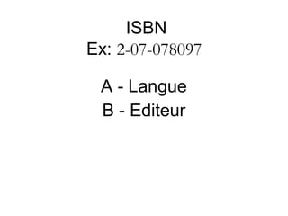 ISBN
Ex: 2-07-078097 

 A - Langue
 B - Editeur
 