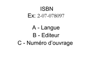 ISBN
   Ex: 2-07-078097 

     A - Langue
      B - Editeur
C - Numéro d’ouvrage
 