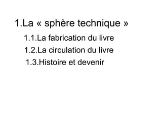 1.La « sphère technique »
  1.1.La fabrication du livre
  1.2.La circulation du livre
  1.3.Histoire et devenir
 