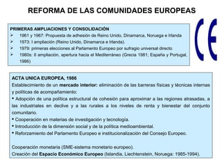 PRIMERAS AMPLIACIONES Y CONSOLIDACIÓN
 1961 y 1967: Propuesta de adhesión de Reino Unido, Dinamarca, Noruega e Irlanda
 1973: I ampliación (Reino Unido, Dinamarca e Irlanda).
 1979: primeras elecciones al Parlamento Europeo por sufragio universal directo
 1980s: II ampliación, apertura hacia el Mediterráneo (Grecia 1981; España y Portugal,
1986)
REFORMA DE LAS COMUNIDADES EUROPEAS
ACTA UNICA EUROPEA, 1986
Establecimiento de un mercado interior: eliminación de las barreras físicas y técnicas internas
y políticas de acompañamiento:
 Adopción de una política estructural de cohesión para aproximar a las regiones atrasadas, a
las industriales en declive y a las rurales a los niveles de renta y bienestar del conjunto
comunitario.
 Cooperación en materias de investigación y tecnología.
 Introducción de la dimensión social y de la política medioambiental.
 Reforzamiento del Parlamento Europeo e institucionalización del Consejo Europeo.
Cooperación monetaria (SME-sistema monetario europeo).
Creación del Espacio Económico Europeo (Islandia, Liechtenstein, Noruega: 1985-1994).
 