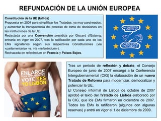 Constitución de la UE (fallida)
Propuesta en 2004 para simplificar los Tratados, ya muy parcheados,
y aumentar la transparencia del proceso de toma de decisiones en
las instituciones de la UE.
Redactada por una Convención presidida por Giscard d’Estaing,
entraría en vigor en 2007, tras la ratificación por cada uno de los
EMs signatarios según sus respectivas Constituciones (vía
«parlamentaria» vs. vía «referéndum»).
Rechazada en referéndum en Francia y Países Bajos.
REFUNDACIÓN DE LA UNIÓN EUROPEA
Tras un período de reflexión y debate, el Consejo
Europeo de junio de 2007 encargó a la Conferencia
Intergubernamental (CIG) la elaboración de un nuevo
Tratado de Reforma para modernizar, democratizar y
potenciar la UE.
El Consejo informal de Lisboa de octubre de 2007
aprobó el texto del Tratado de Lisboa elaborado por
la CIG, que los EMs firmaron en diciembre de 2007.
Todos los EMs lo ratificaron (algunos con algunas
reservas) y entró en vigor el 1 de diciembre de 2009.
 