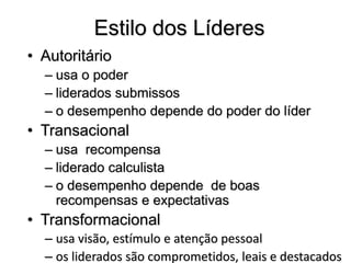 Estilo dos Líderes
• Autoritário
– usa o poder
– liderados submissos
– o desempenho depende do poder do líder
• Transacional
– usa recompensa
– liderado calculista
– o desempenho depende de boas
recompensas e expectativas
• Transformacional
– usa visão, estímulo e atenção pessoal
– os liderados são comprometidos, leais e destacados
 