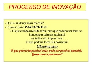 PROCESSO DE INOVAÇÃO
- Qual a mudança mais recente?
- Criou-se novo PARADIGMA?
- O que é impossível de fazer, mas que poderia ser feito se
houvesse mudanças radicais?
As idéias são impossíveis.
O que poderia torna-las possíveis?
Observação:
O que parece impossível hoje, pode ser possível amanhã.
Quem será o precursor?
 