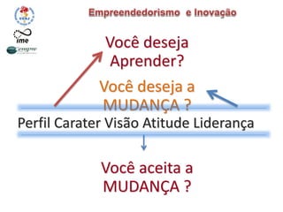 Você deseja
Aprender?
Você deseja a
MUDANÇA ?
Perfil Carater Visão Atitude Liderança
Você aceita a
MUDANÇA ?
 